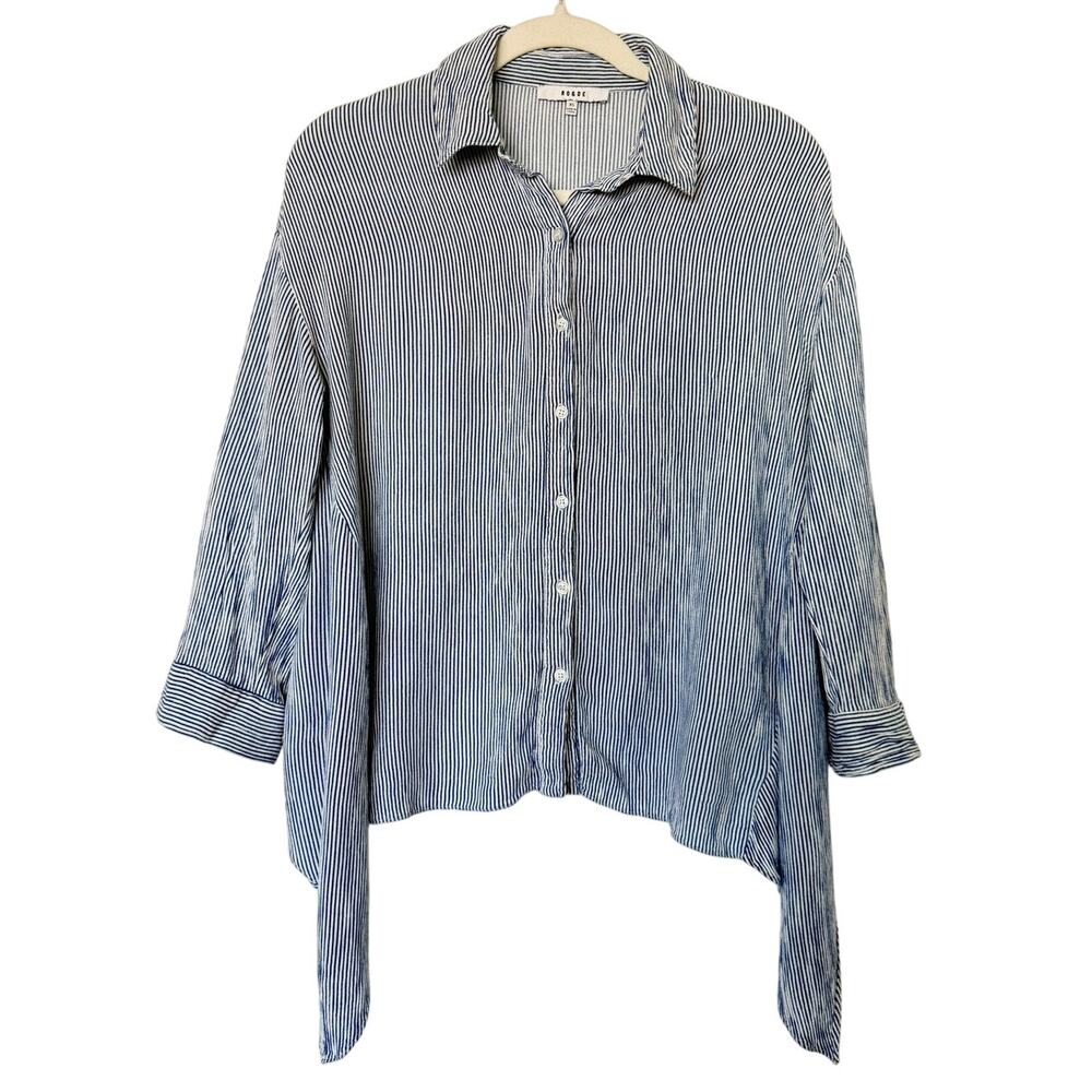 RO&DE XS Blue White Striped Rayon Button Down Shirt Side Tie Asymmetric